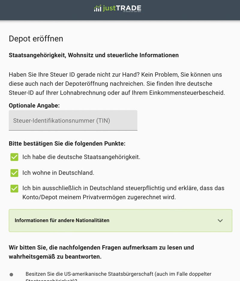 justTRADE Registrierung Staatsbürgerschaft