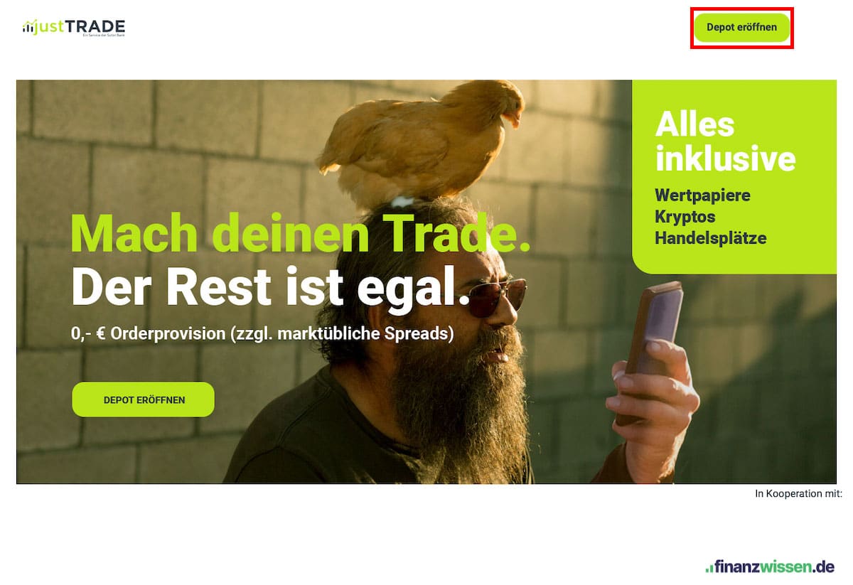 justTRADE Landingpage Registrierung