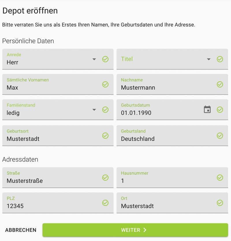 justTRADE Registrierungsform