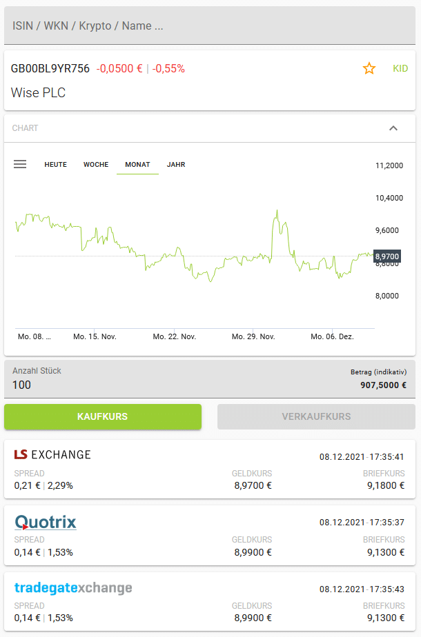 Kaufoberfläche zum Aktien kaufen auf justTRADE