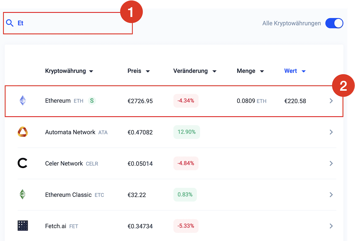 Bitvavo Suchfunktion