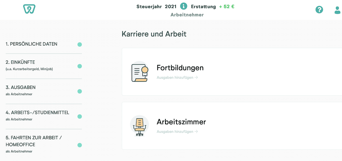 Übersicht Steuererklärung Wundertax