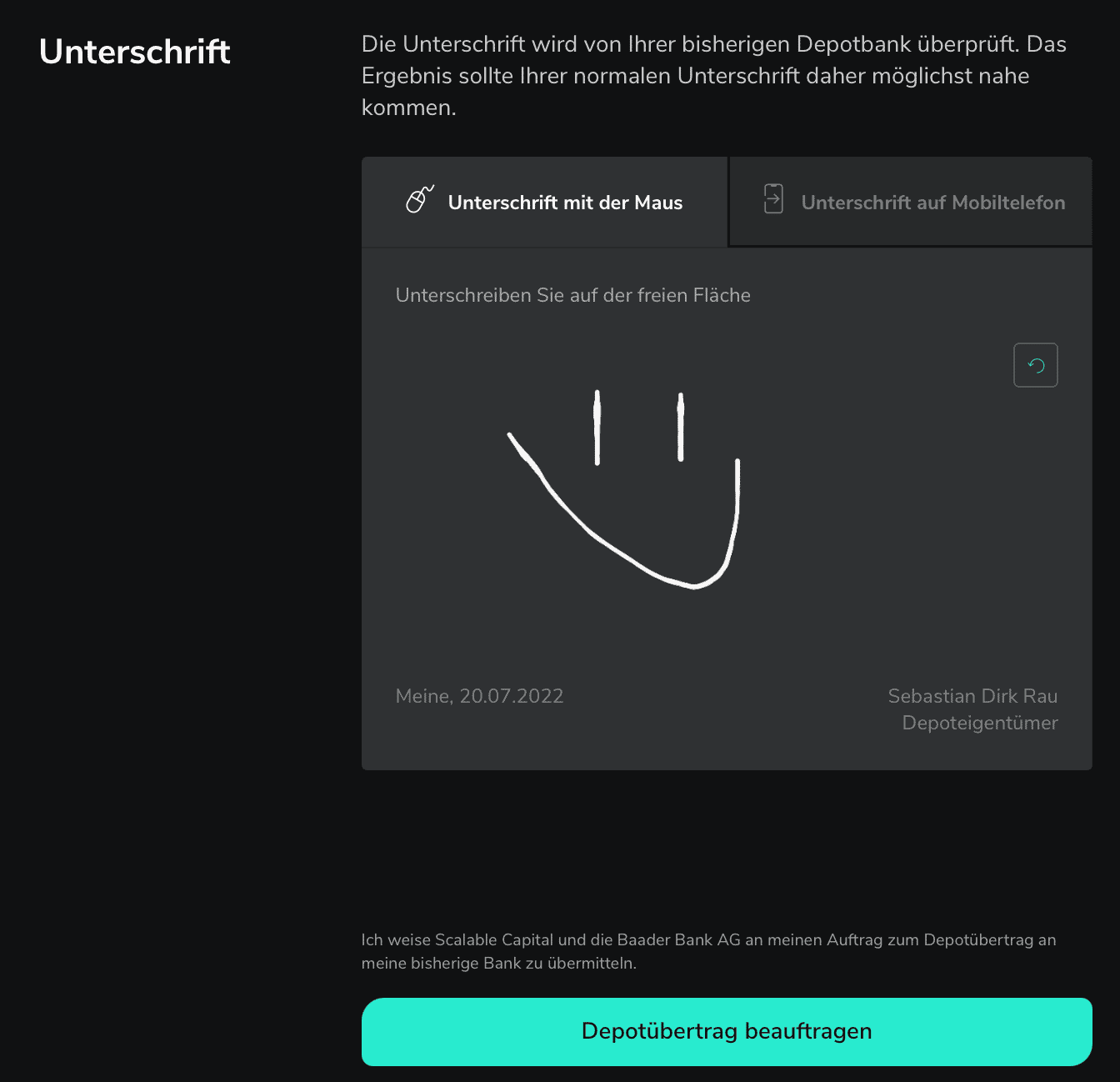 Depotübertrag Unterschrift