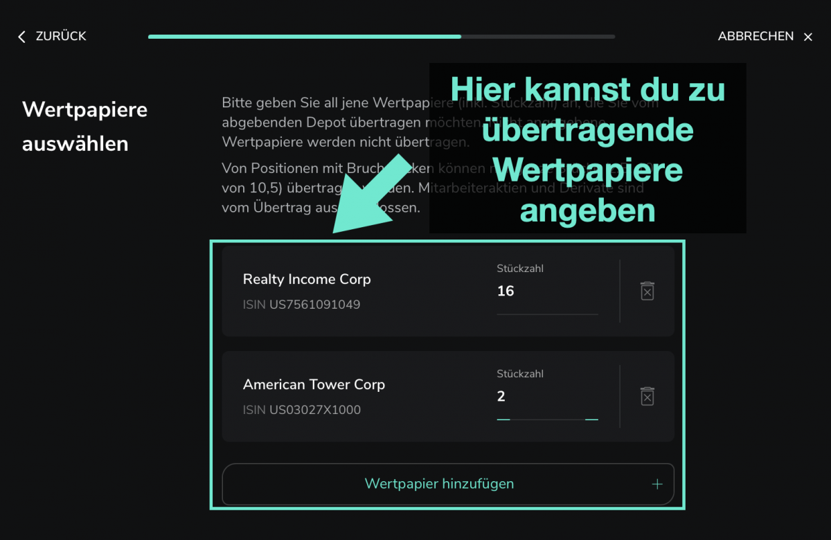 Depotübertrag Wertpapiere angeben