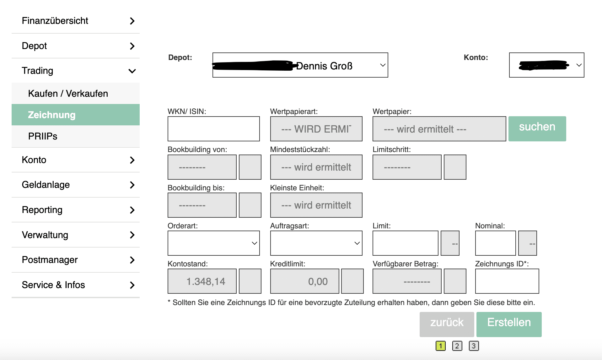 Eingabemaske von Smartbroker, um Aktien zu zeichnen